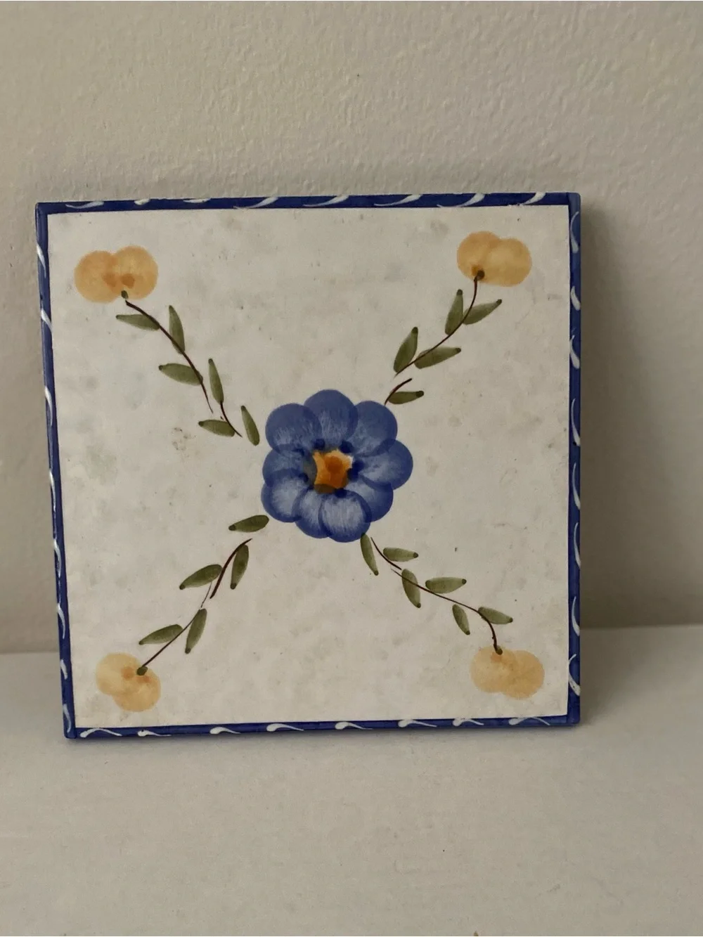 Hand-Painted Blue Floral Tile - Decorative Home Hotplate. Square. Made in Italy.